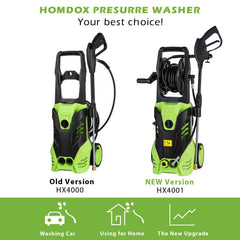 HX4001 3000PSI 1.80 GPM Electric Pressure Washer,1800W Rolling Wheels High Pressure Professional Washer Cleaner Machine W/5 Quick-Connect Spray Tips Onboard Detergent Tank